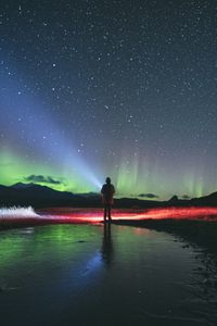 Preview wallpaper night, northern lights, silhouette, dark, starry sky