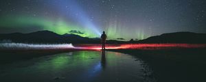 Preview wallpaper night, northern lights, silhouette, dark, starry sky