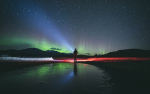 Preview wallpaper night, northern lights, silhouette, dark, starry sky