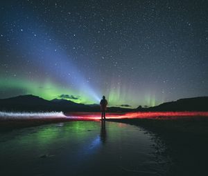 Preview wallpaper night, northern lights, silhouette, dark, starry sky