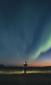 Preview wallpaper night, silhouette, starry sky, northern lights, light