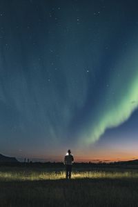 Preview wallpaper night, silhouette, starry sky, northern lights, light