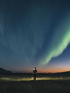 Preview wallpaper night, silhouette, starry sky, northern lights, light