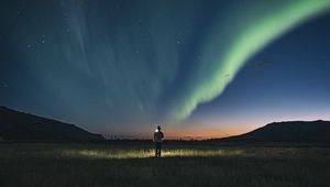 Preview wallpaper night, silhouette, starry sky, northern lights, light