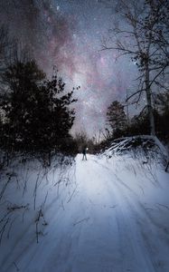 Preview wallpaper night, snow, man, alone, starry sky, winter