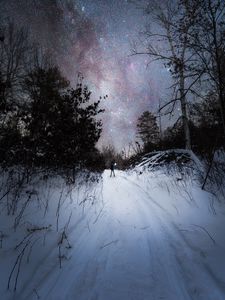 Preview wallpaper night, snow, man, alone, starry sky, winter