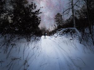 Preview wallpaper night, snow, man, alone, starry sky, winter