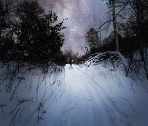 Preview wallpaper night, snow, man, alone, starry sky, winter