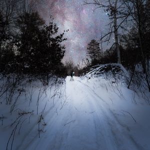 Preview wallpaper night, snow, man, alone, starry sky, winter