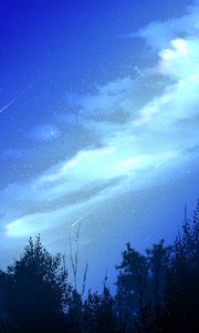 Preview wallpaper night, starfall, trees, clouds, starry sky
