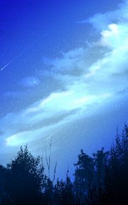 Preview wallpaper night, starfall, trees, clouds, starry sky