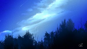 Preview wallpaper night, starfall, trees, clouds, starry sky