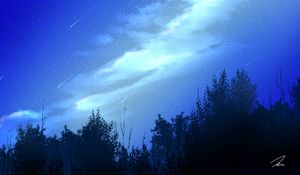 Preview wallpaper night, starfall, trees, clouds, starry sky