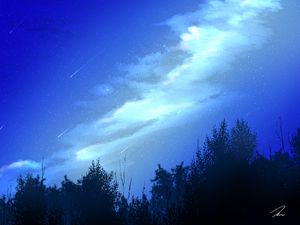 Preview wallpaper night, starfall, trees, clouds, starry sky