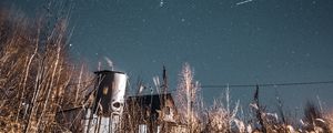 Preview wallpaper night, starry sky, bushes, buildings, abandoned, countryside