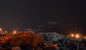 Preview wallpaper night, starry sky, landscape, rocky, dark