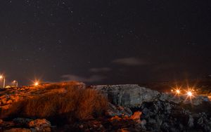 Preview wallpaper night, starry sky, landscape, rocky, dark