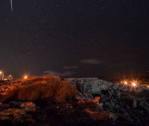 Preview wallpaper night, starry sky, landscape, rocky, dark