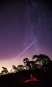 Preview wallpaper night, starry sky, meteor, man, silhouette, dark