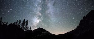 Preview wallpaper night, starry sky, mountains, trees, dark