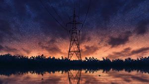 Preview wallpaper night, starry sky, pillar, wires, art