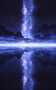 Preview wallpaper night, starry sky, reflection, water, glow