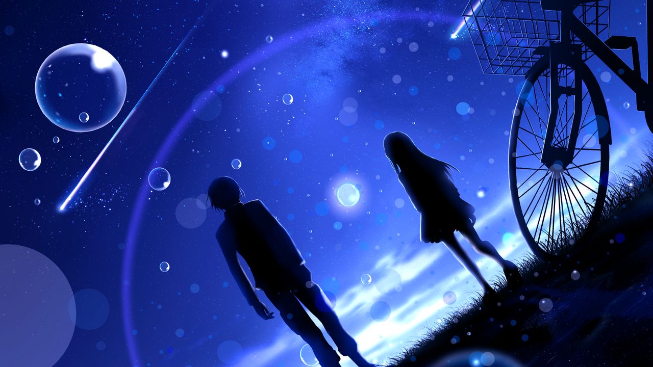 Wallpaper night, starry sky, silhouettes, bubbles, meteors