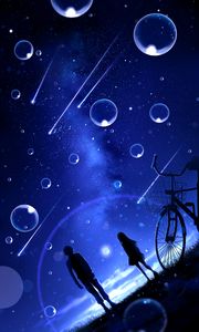 Preview wallpaper night, starry sky, silhouettes, bubbles, meteors