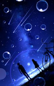 Preview wallpaper night, starry sky, silhouettes, bubbles, meteors