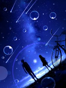 Preview wallpaper night, starry sky, silhouettes, bubbles, meteors