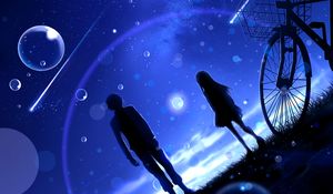 Preview wallpaper night, starry sky, silhouettes, bubbles, meteors