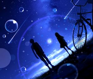 Preview wallpaper night, starry sky, silhouettes, bubbles, meteors