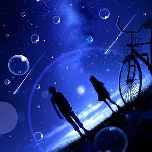 Preview wallpaper night, starry sky, silhouettes, bubbles, meteors