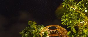 Preview wallpaper night, starry sky, trees, bushes, building