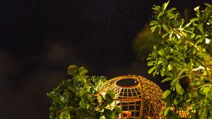 Preview wallpaper night, starry sky, trees, bushes, building