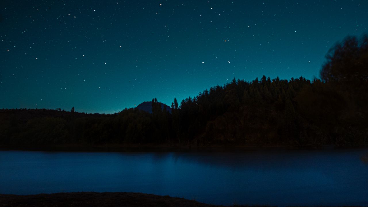 Wallpaper night, stars, lake, trees, landscape