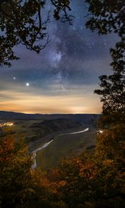 Preview wallpaper night, trees, river, valley, distance