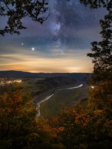 Preview wallpaper night, trees, river, valley, distance