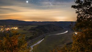 Preview wallpaper night, trees, river, valley, distance