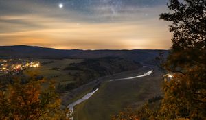 Preview wallpaper night, trees, river, valley, distance