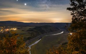 Preview wallpaper night, trees, river, valley, distance