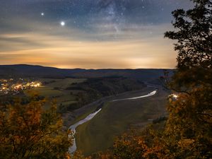 Preview wallpaper night, trees, river, valley, distance