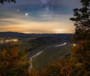 Preview wallpaper night, trees, river, valley, distance