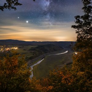 Preview wallpaper night, trees, river, valley, distance