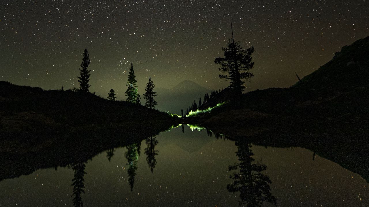 Wallpaper night, trees, stars, reflection, mountain