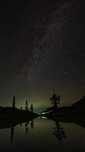 Preview wallpaper night, trees, stars, reflection, mountain