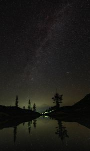 Preview wallpaper night, trees, stars, reflection, mountain