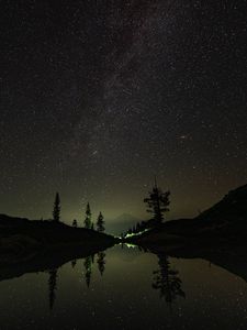 Preview wallpaper night, trees, stars, reflection, mountain