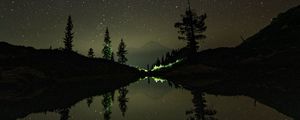 Preview wallpaper night, trees, stars, reflection, mountain