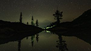 Preview wallpaper night, trees, stars, reflection, mountain